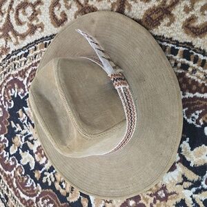 Vintage Tan Corduroy Cowboy Hat with Feather and Boho Band Bohemian Retro Beco